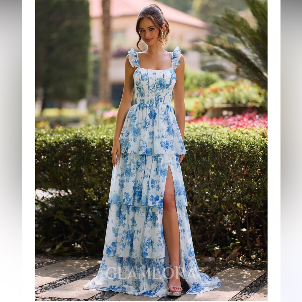 Blue Floral Tiered Maxi Dress
